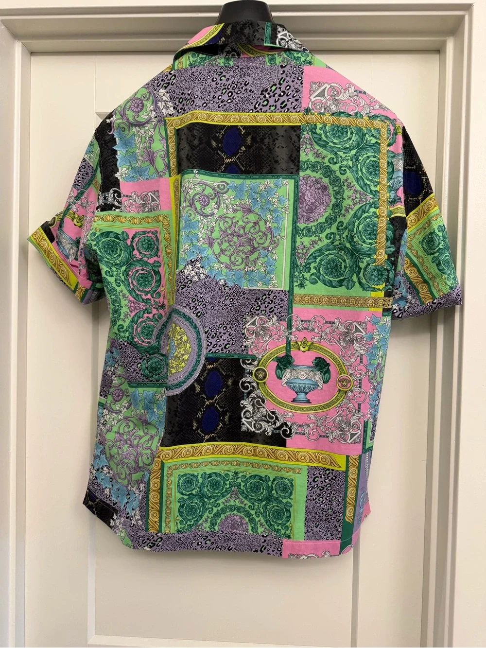 Versace Men's Patchwork Print Short-Sleeve Shirt in Green, Pink & Black - Picture 2 of 4